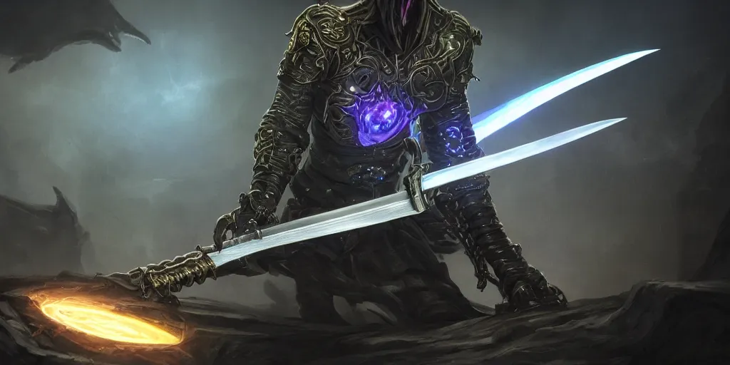 Image similar to legendary cybernetic full long sharp sword lying flat on a glowing table with a black and iridescent sword blade, digital award winning hd matte painting, intimate dark moody, intricate, ornate spikes, colorful gems on hilt, detailed realistic raytraced blade, future golden technological pommel, in the style of greg rutkowski and krenz cushart, deviantart
