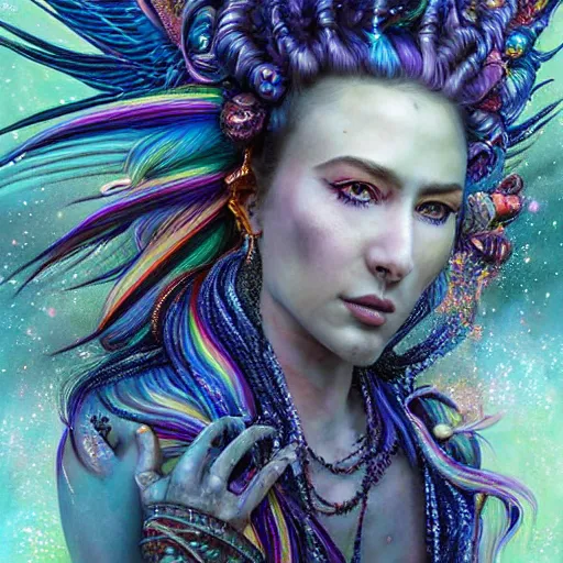 Image similar to A princess with rainbow wings and rainbow hair. complex hyper-maximalist over-detailed beautiful but terrifying, cinematic cosmic scifi portrait of an elegant very attractive but wild and dangerous witch anthropomorphic female warrior god by andrei riabovitchev, tomasz alen kopera, oleksandra shchaslyva alex grey and bekinski. Fantastic realism. Volumetric soft green and red lights. Ominous intricate. Secessionist style ornated portrait illustration. Unreal engine 5. Focus on face. Artstation. Deviantart. 8k 4k 64megapixel. Cosmic horror style. Rendered by binx.ly. coherent, hyperrealistic, lifelike textures and only one face on the image.