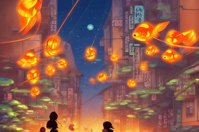 Prompt: fantasy art of glowing goldfish swimming in the air, in the streets of a japanese town at night, with children outside watching in wonder, in the style of studio ghibli and makoto shinkai, highly detailed digital art, trending on artstation