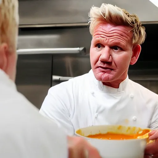 Prompt: gordon ramsay making duck sauce while he's cussing at his sous chef on kitchen nightmares