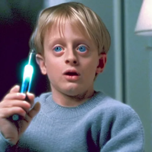 Image similar to A still of Kevin McCallister from Home Alone (1990) with a lightsaber