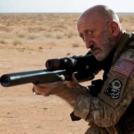 Image similar to Film still of Mike Ehrmantraut in American Sniper aiming with a sniper rifle, 4k, highly detailed