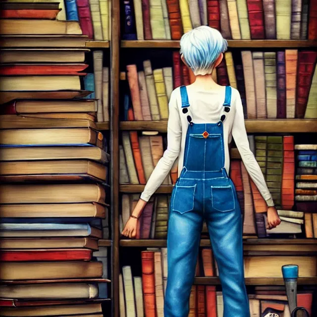 Image similar to full body pose, beautiful adult fairy, pixar, short white hair shaved sides, dirty, grungy, grunge, long sleeve, painted overalls, stacks of giant books, highly detailed, 4 k, hdr, smooth, sharp focus, high resolution, award - winning photo, artgerm, photorealistic