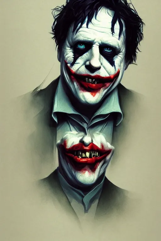 Image similar to Boris Johnson as Joker from The Dark Knight, portrait, highly detailed, digital painting, artstation, concept art, smooth, sharp focus, illustration, cinematic lighting, art by artgerm and greg rutkowski and alphonse mucha