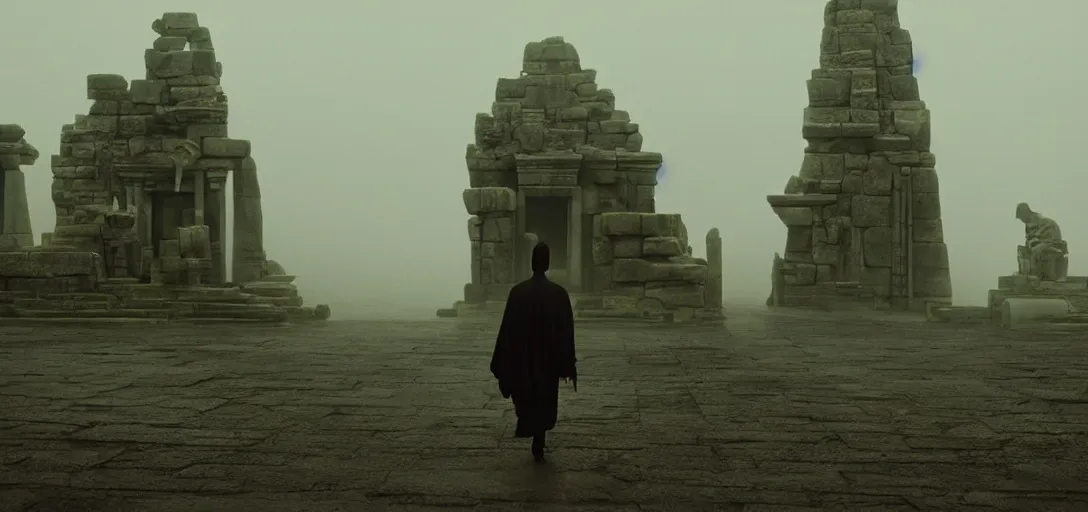 Image similar to prince of darkness as mickey mouse walking out from epic temple, foggy, cinematic shot, photo still from movie by denis villeneuve, wayne barlowe