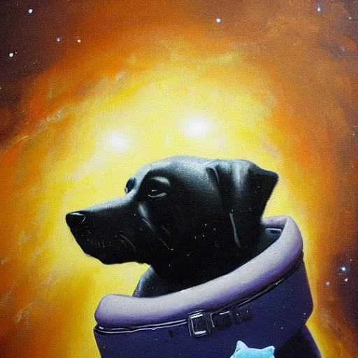 Prompt: jake the dog floating in space, romantic oil painting, dark, melanchonic, adventure time