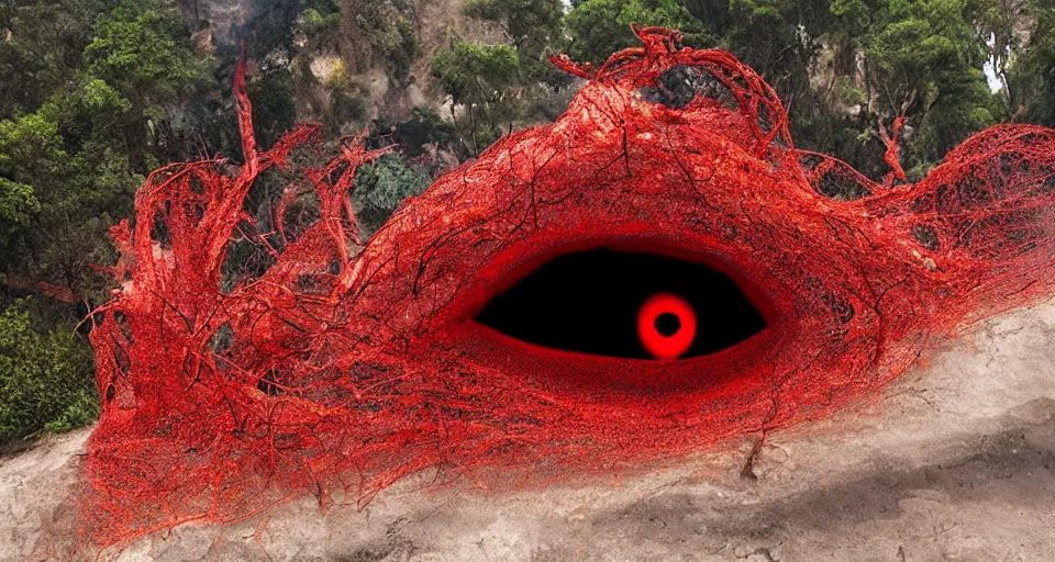 Prompt: a volcano made of ivory vines and crimson rocks enters in eruption, it spits a smoke in the shape of demonic eye, by Fortiche Studio