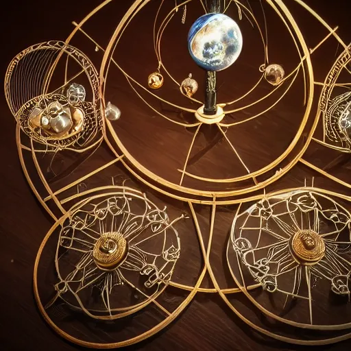 Image similar to a well - lit photo of an intricate steel filigree art nouveau orrery solar system model with visible gears on a wooden table, beautiful, detailed, flowing curves, with colored marble planets and a golden sun