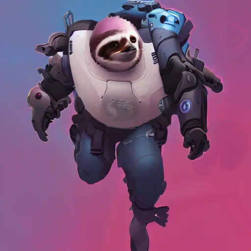 Image similar to lazy sloth as overwatch character, digital illustration portrait design, by android jones and greg rutkowski, retrowave color scheme, detailed, cinematic lighting, wide angle action dynamic portrait