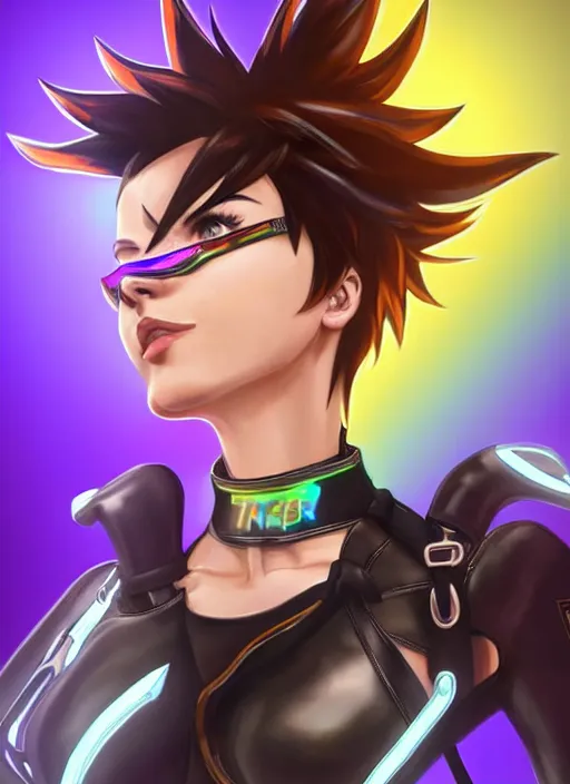 Image similar to full body digital artwork of tracer overwatch, wearing black iridescent rainbow latex, 4 k, expressive happy smug expression, makeup, in style of mark arian, wearing detailed black leather collar, wearing chains, black leather harness, leather cuffs around wrists, detailed face and eyes,