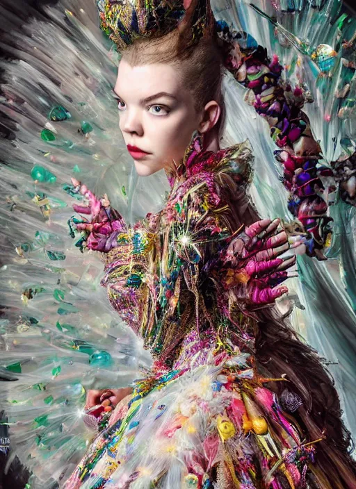 Prompt: expressive full body photo of anya taylor - joy, dress made of sweets and candies, glamour shot, by karol bak, stefan gesell, photorealistic, nikon d 4 x, fashion photography, hyper maximalist, elegant, ornate, luxury, elite, environmental portrait, symmetrical features, octane render, unreal engine, solid dark grey background, dramatic lights