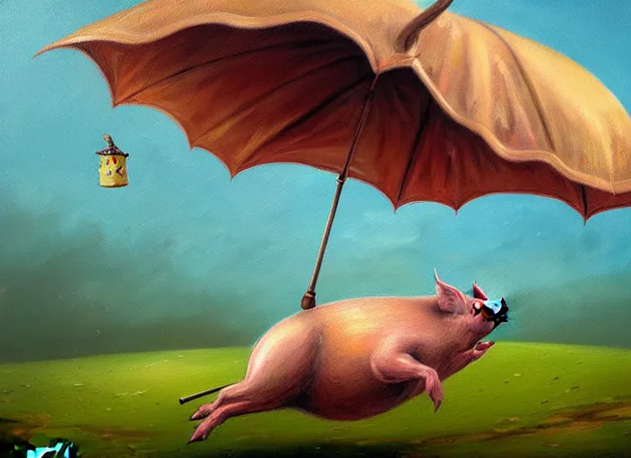 Image similar to detailed oil painting of flying pig with umbrella by marc simonette and alexander jansson, concept art