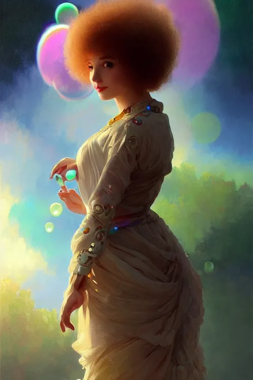 Image similar to bob ross android, dreamy and ethereal, ( colour ) eyes, peaceful expression, ornate frilly dress, fantasy, intricate, elegant, rainbow bubbles, highly detailed, digital painting, artstation, concept art, smooth, sharp focus, illustration, art by artgerm and greg rutkowski and alphonse mucha