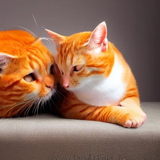 Prompt: a lazy and cute orange tabby cat cuddling studio lighting