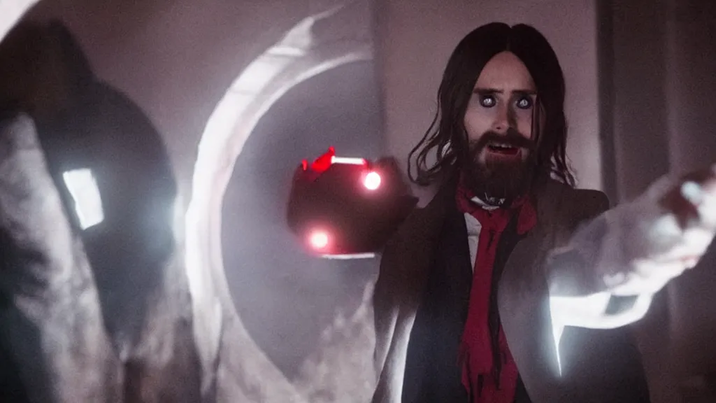 Prompt: The scene in Morbius (2022) when Jared Leto says it's Morbin' time before activating his chaos emerald, shot on Kodak Vision 200T, 8k, cinematography, composition, beautiful lighting