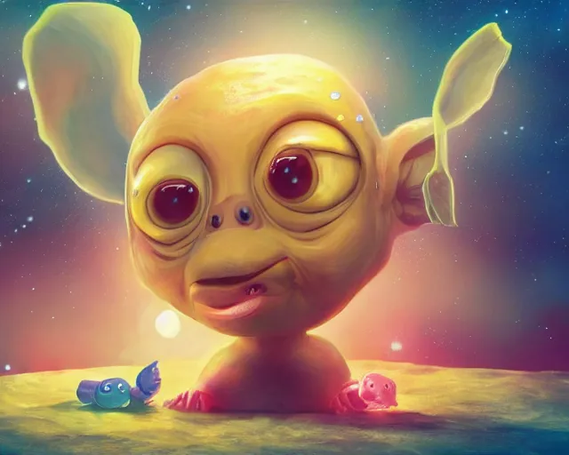 Image similar to 3D Fantasy Cute and adorable small alien piggy in space, huge adorable eyes, bright stars, Smooth 3D Illustration, soft render, Servando Lupini, Daniil Kudriavtsev, handpaint texture, Blender, 3DCoat