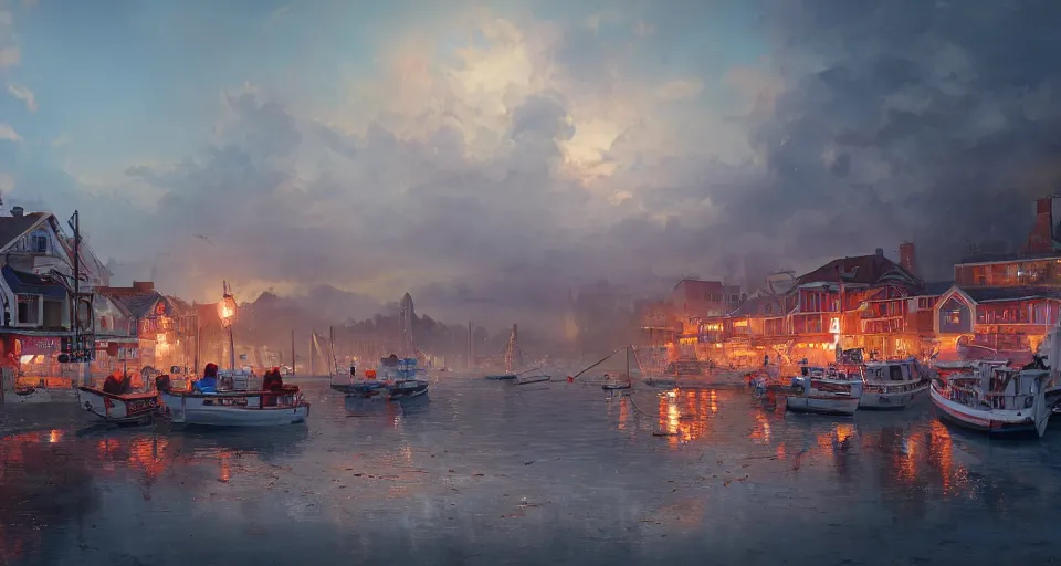 Image similar to a beautiful painting of a seaside town on fire, octane render, brilliantly coloured, intricate, ultra wide angle, trending on artstation, dusk, volumetric lighting, polished, micro details, ray tracing, 8k