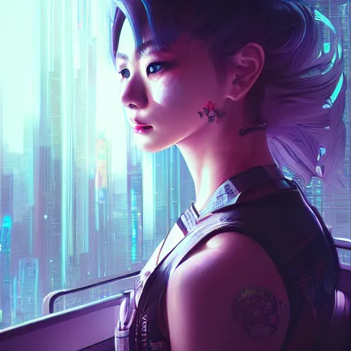 Image similar to art by rossdraws, portrait of cyberpunk woman looking out of a window, cyberpunk setting, futuristic, highly detailed, intricate lighting, digital painting, sharp focus, illustration, trending on artstation.