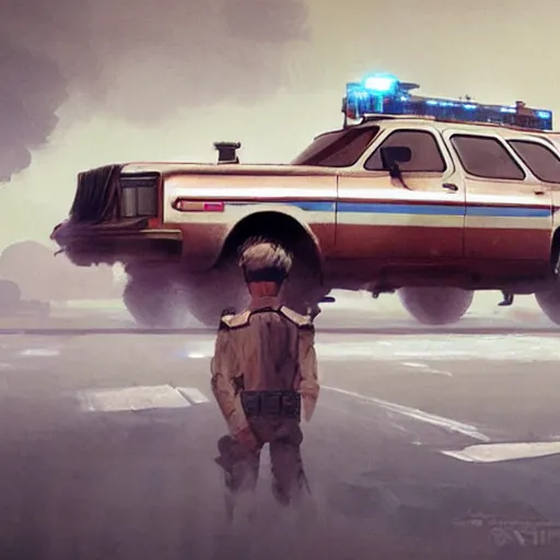 Prompt: a highly detailed epic cinematic concept art CG render digital painting artwork: dieselpunk Soviet 1980s police patrol car. By Greg Rutkowski, Ilya Kuvshinov, WLOP, Stanley Artgerm Lau, Ruan Jia and Fenghua Zhong, trending on ArtStation, subtle muted cinematic colors, made in Maya, Blender and Photoshop, octane render, excellent composition, cinematic atmosphere, dynamic dramatic cinematic lighting, precise correct anatomy, aesthetic, very inspirational, arthouse