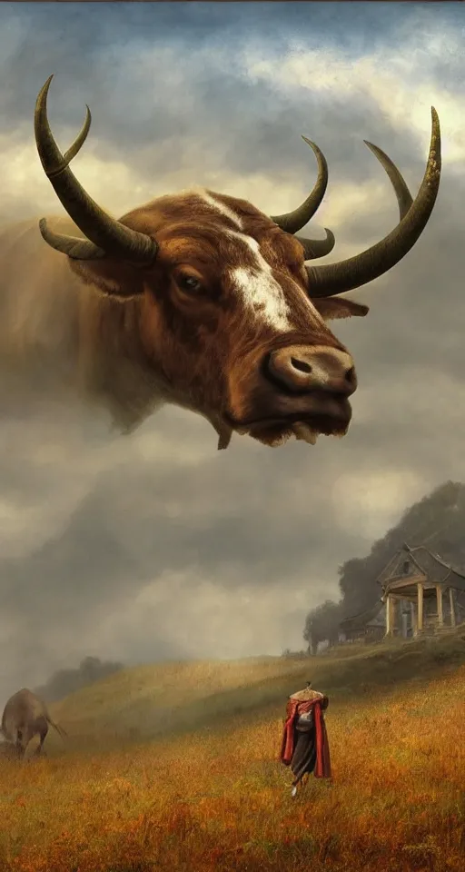 Prompt: a giant!! bull with horns decorated!!! with bells and ribbons, background is the spiral stairs, in the steppe, autumn field, misty background, from the game pathologic 2, highly detailed, sharp focus, matte painting, by rosa bonheur, by isaac levitan and asher brown durand,