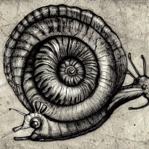 Image similar to snail made of sadness, dark, detailed, rustic, eerie, award winning