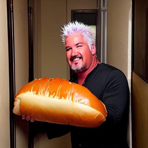 Prompt: lean, cut guy fieri poses with a huge hot dog in a dim hallway. he is very fit