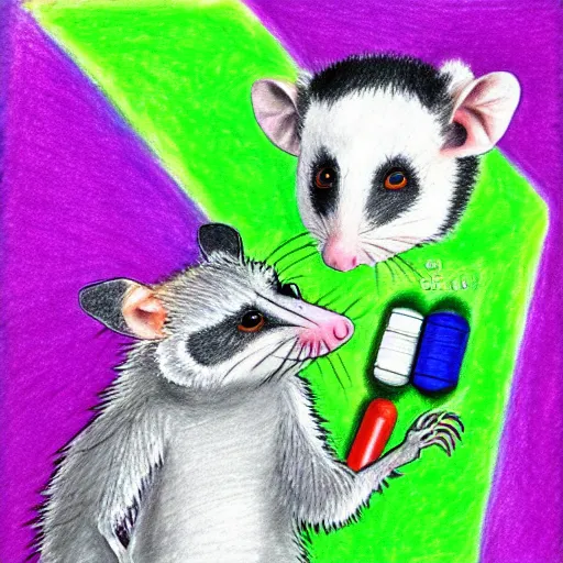 Image similar to an opossum holds up a child's crayon drawing, hd digital photography of an opossum