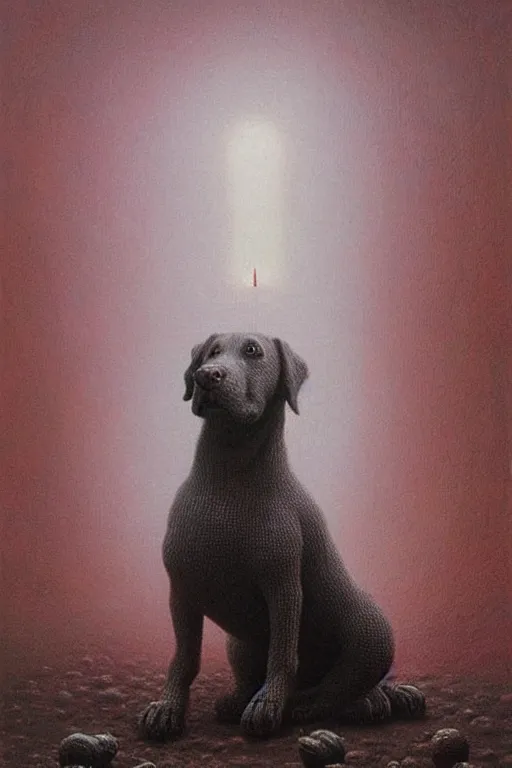 Prompt: painting of a very cute dog, dog is made of baked beans, baked bean skin texture, by zdzislaw beksinski, by dariusz zawadzki, by wayne barlowe, gothic, surrealism, cosmic horror, lovecraftian, cold hue's, warm tone gradient background, concept art, beautiful composition