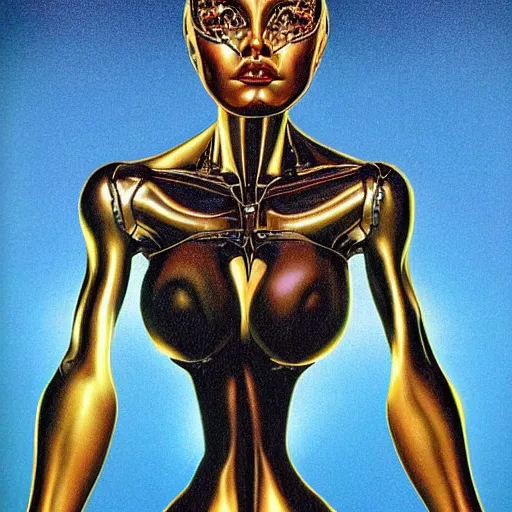 Prompt: humanoid female robot, highly detailed, expressive eyes, beautiful symmetric body, perfect proportions, highly intricate, art by boris vallejo and alex gray