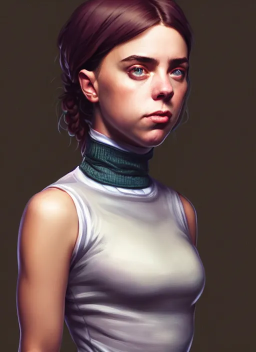 Image similar to portrait of a full body of beautiful young female detective, d & d, sleeveless turtleneck, fantasy, flat lighting, intricate, highly detailed, digital painting, artstation, concept art, smooth, sharp focus, illustration, billie eilish, art by simon bisley and greg rutkowski and alphonse mucha, natural tpose