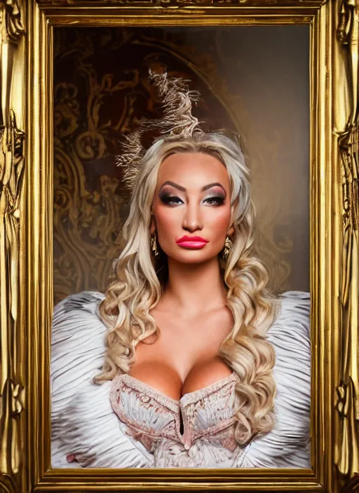 Image similar to portrait of lindsey pelas wearing baroque style dress in the middle of an opera, by charlotte grimm, natural light, detailed face, beautiful features, symmetrical, canon eos c 3 0 0, ƒ 1. 8, 3 5 mm, 8 k, medium - format print,