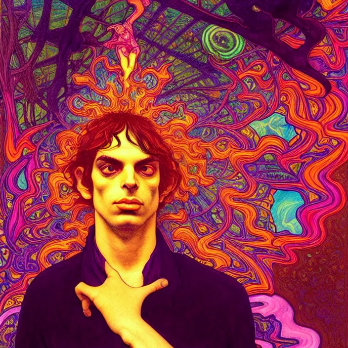 Image similar to bright psychedelic photo of SYD BARRET tripping on lsd, diffuse lighting, fantasy, intricate, elegant, highly detailed, lifelike, photorealistic, digital painting, artstation, illustration, concept art, smooth, sharp focus, art by John Collier and Albert Aublet and Krenz Cushart and Artem Demura and Alphonse Mucha