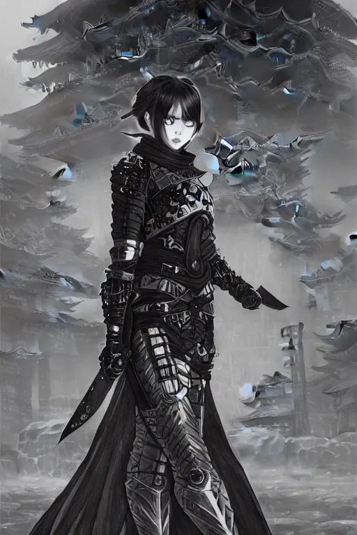 Image similar to portrait Ninja gaiden girl, armored black and white ninja wardrobe, in ruin japanese rainny temple night, ssci-fi and fantasy, intricate and very very beautiful and elegant, highly detailed, digital painting, artstation, concept art, smooth and sharp focus, illustration, art by tian zi and WLOP and alphonse mucha