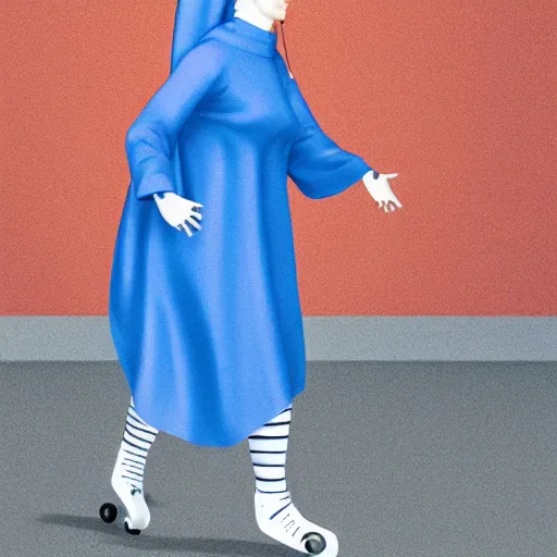 Prompt: blonde nun in blue clothes on roller skates, photorealistic