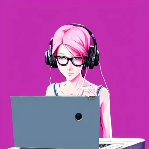 Prompt: beautiful girl with pink hair and glasses, working on her laptop, listening to music, night time, sharp focus, intricate, digital painting, artstation, official media, anime key visual, highly detailed, rich vivid colors ambient lighting, illustration, art by Artgerm, Makoto Shinkai, Ilya Kuvshinov, Lois Van Baarle and Rossdraws