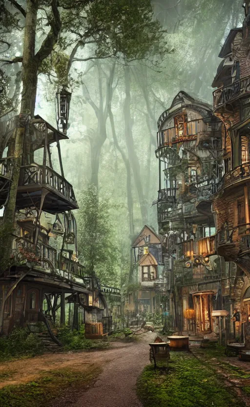 Prompt: a steampunk village in a forest, surrounded by giant trees, in the rain, photo realistic, junk everywhere, atmospheric, 8k