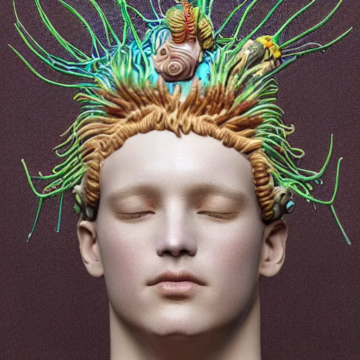 Prompt: complex 3d render ultra detailed portrait of a young beautiful man made from porcelain colorful nudibranch attached to the head, distributed consciousness, biomechanical cyborg, analog, 150 mm lens, beautiful natural soft rim light, roots, fine foliage lace, ernst haeckel, chitin, visceral, art nouveau , intricate details, satin silver beautiful gold metal details, mesh wire, neri oxman, facial muscles, cable wires, microchip, elegant, hyper realistic, ultra detailed, octane render, silicon and carbon, volumetric lighting, 8k post-production