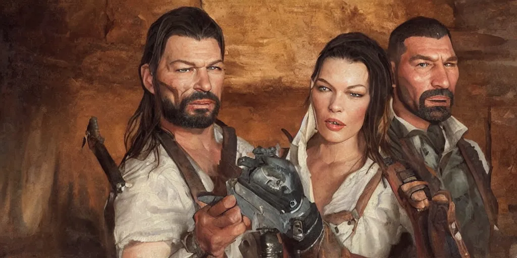 Prompt: oil painting of Mila Jovovich and Dave Bautista in an old west cabin