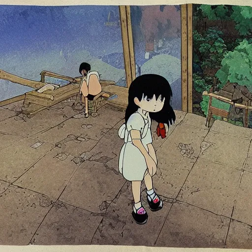 Prompt: ghost of a young girl, a burnt out village, cel shaded, studio ghibli, hayao miyazaki