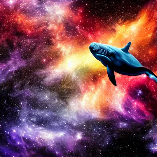 Prompt: a whale floating in outer space with scattered colorful nebula in the style of rembrandt, concept art, hyper realistic