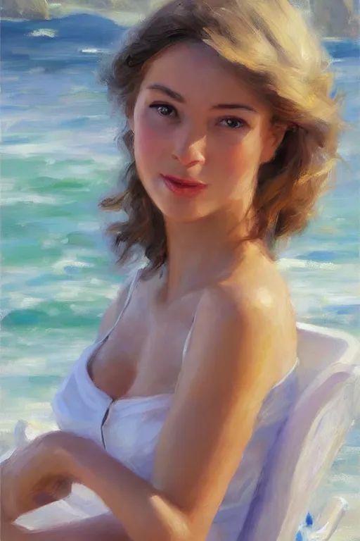 Image similar to portrait of a beautiful woman by the beach, morning, highly detailed, ultrarealistic oil painting, vladimir volegov, artstation