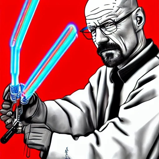 Image similar to Walter White holding a red light saber, accurate anatomy, accurate hands, highly detailed, digital art, portrait,