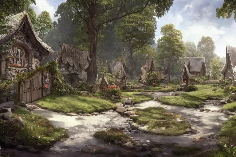 Prompt: A small elven village with elegant architecture in an open field, a winding white pathwalk and a small brook running through, clear blue skies in the background, by Artgerm and Todd Shorr, D&D, high fantasy, 8k photorealistic, cinematic lighting, HD, high details, concept art, trending on artstation