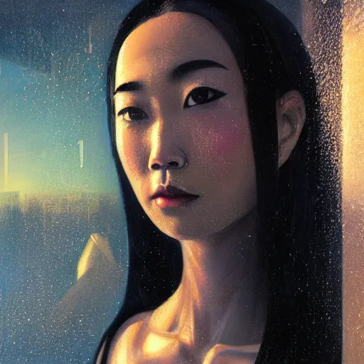 Image similar to detailed face of an asian woman, clockwork, moment, tectonic sky, skydome, bullet train, turbines, utopian, tech noir, wet reflections, prism, atmospheric, ambient, pj crook, syd mead, livia prima, artgerm, greg rutkowski, nick alm, casey baugh