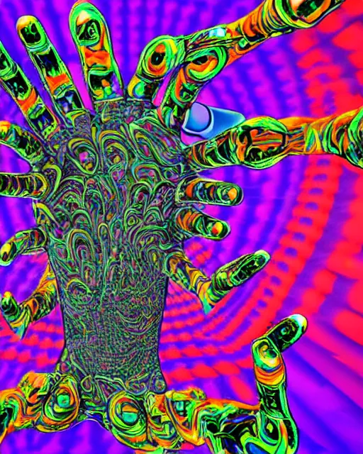 Image similar to psychedelic trip of a cyborg who's escaping death, trippy, lots of hands, 8k, ultra realistic