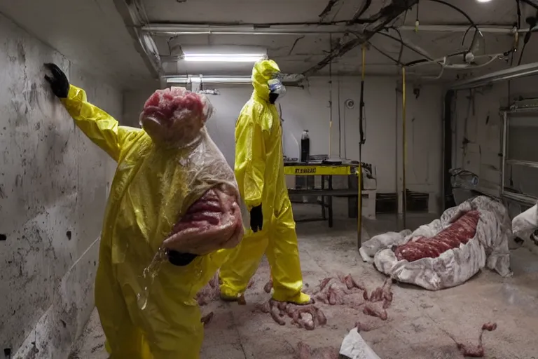 Image similar to a man in a hazmat suit looks on helplessly as a drippy meat monster grows out of control in a creepy underground lab