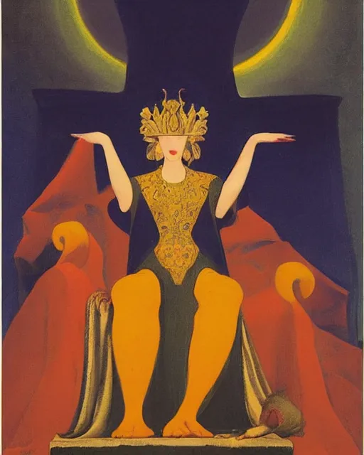 Prompt: an illustration of a queen on a throne at night by johann heinrich fussli, by nicholas roerich, by georgia o keeffe, realistic, detailed, oil painting