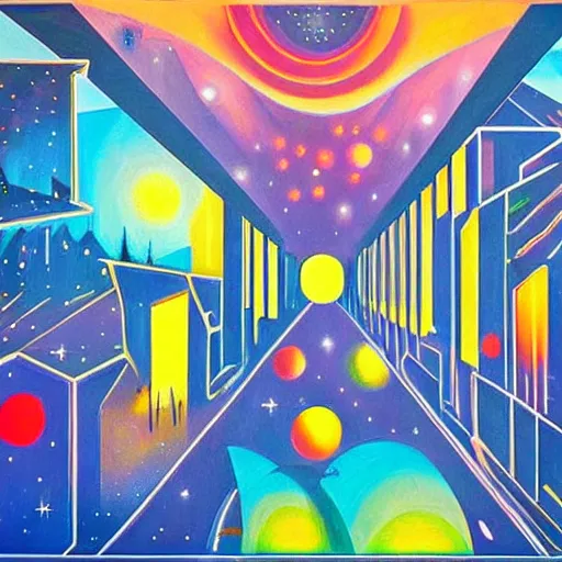 Image similar to solar punk city, modern architecture, city color scheme, geometry will draw the soul toward the truth and create the spirit of philosophy, galactic nebula, surrealist oil painting