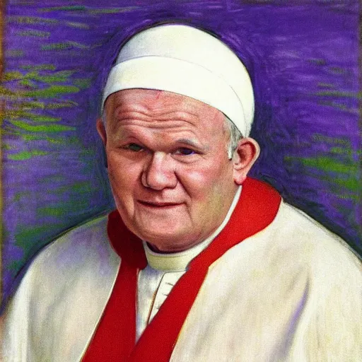 Prompt: portrait of john paul ii wearing white turban with purple top by claude monet