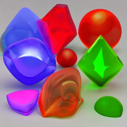 Image similar to 3 d render, magic translucent 3 d shapes, caustics, studio lighting, gemstone, magical, glowing, fruit candy, gushers, soft 3 d geometrical shapes, juicy, octane render, soft, high definition, beautiful mesh gradient colors, 1. 0 transmission, visual particles and static surrounding, clean aesthetic, blender, redshift, white background, ethereal